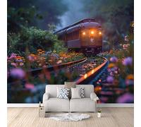 LYNNB Wall Mural Train 3D Photo Wallpaper, Retro Steam Train, Flowers Wall Murals for Bedroom Living Room, Non-Woven Mural Wallpaper Art Poster Sofa TV Background Decor 500 × 280 cm (WxH)