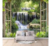 LYNNB Window View Wallpaper Mural Photo Kids Bedroom Green Forest Waterfall Wall Murals for Living Room 400 × 280 cm (WxH) Non-Woven Mural Wallpaper Home Poster Sofa TV Background Wall Decor