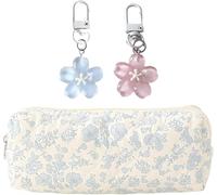LYNROW Floral Print Pencil Case with Matching Flower Keychain, Light Blue and White, Student Stationery Organiser