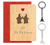 LYNROW Penguin Wooden Card & Matching Keychain Set - Perfect for Valentine's Day, Anniversary, Christmas, Couples Gifts for Boyfriend Girlfriend