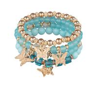 LYNTYAOU Blue Bohemian Style Bracelets, 4 PCS Boho Handmade Bracelet, Multi Layered Beads Stretch Butterfly, Colorful Multilayer Bangles for Women Girls, Elastic Crystal Stackable Jewelry Gift