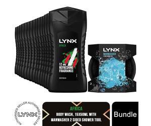 Lynx Africa Shower Gel 15x50ml with 2-Sided Manwasher Shower Tool for Men