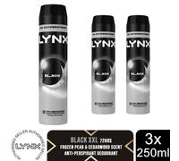 Lynx Black Anti-Perspirant Aerosol Men's Deodorant Spray with ProScent technology and a frozen pear & cedarwood fragrance for 72 hours protection against odour and wetness 250 ml
