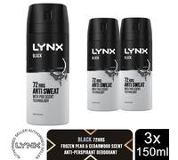 Lynx Black 72 HRS Anti Sweat Anti-Perspirant Body Spray for Men, 3x150ml