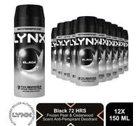 Lynx Black Anti Perspirant Body Spray 150ml 12 Pack Mens 72H Protection