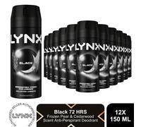 Lynx Black Body Spray 150ml 12 Pack Mens Deodorant 48H Fresh Pear & Cedar Scent