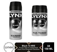 Lynx Black Body Spray 150ml 3 Pack Mens Deodorant 48H Fresh Pear & Cedar Secnt