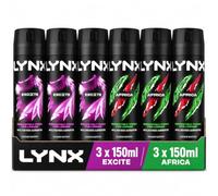 Lynx Body Spray Deodorant Bundle 6 x 150ml | 3 x Africa & 3 x Excite | Men's Deodorant Value Pack