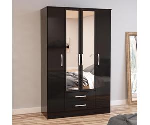 Lynx Combi Wardrobe - 4 Door 2 Drawer - Black Gloss
