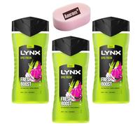Lynx Epic Fresh 3-in-1 Bodywash Shower Gel 3 x 225ml with Grapefruit & Tropical Pineapple Scent for a Refreshing Shower with Aasram Luxury Bath Sponge