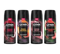 Lynx Find your New Fine Fragrance Bundle of 4x Deodorants 72 hours of Freshness Aluminium-Free Premium Body Spray, 150 ml (Cherry Spritz, Peach Infusion, Cocoa Velvet, Watermelon Freeze)
