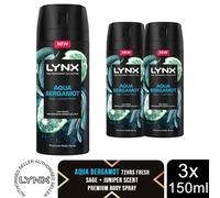 Lynx Fine Fragrance Aqua Bergamot Body Spray 150ml 3 Pack Mens Deodorant