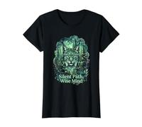 Lynx Forest Silent Path Wise Mind Wildlife Nature Value Graphic T-Shirt, Women, Black, XS