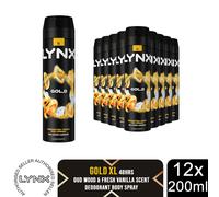 Lynx Gold XL Body Spray 200ml 12 Pack Mens Deodorant 48H Protection Oud Vanilla