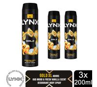 Lynx Gold XL Body Spray 200ml 3 Pack Mens Deodorant 48H Oud Wood & Vanilla Scent