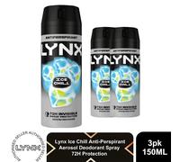 Lynx Ice Chill Anti Perspirant Body Spray 150ml 3 Pack Mens 72H Protection