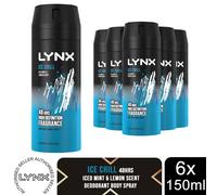 Lynx Ice Chill Body Spray 150ml 6 Pack Mens Deodorant 48H Mint & Lemon Scent