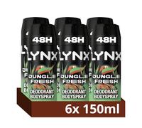 Lynx Men Deodorant Spray Jungle Fresh - Palm Leaves & Amber, Zinc Tech 48h - 150 ml Pack of 6