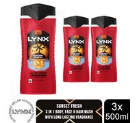 Lynx Men Sunset Fresh 3 in 1 Body Wash with Long Lasting Fragrance 500ml, 3 Pack