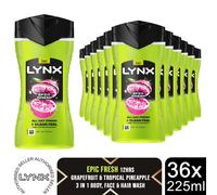 Lynx Shower Gel 225ml 36 Pack Mens Body Wash 12H Fresh Multipack Range