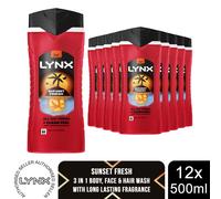Lynx Shower Gel 500ml 12 Pack 12H Freshness Mens 3in1 Body Face Hair Wash Range