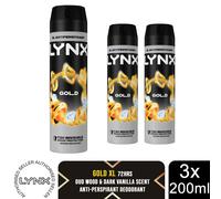 Lynx XL Gold Anti Perspirant Body Spray 200ml 3 Pack Mens Deodorant 72H Protect