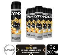 Lynx XL Gold Anti Perspirant Body Spray 200ml 6 Pack Mens Deodorant 72H Protect