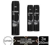 Lynx XXL Black Body Spray 250ml 3 Pack Mens Deodorant 48H Pear Cedarwood Scent