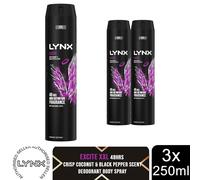 Lynx XXL Excite Body Spray 250ml 3 Pack Mens Deodorant 48H Coconut Pepper Scent