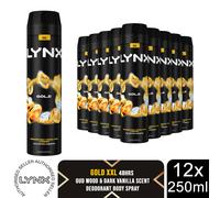 Lynx XXL Gold Body Spray 250ml Mens Deodorant 48H Oud Wood Vanilla Scent, 12 Pk