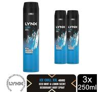 Lynx XXL Ice Chill Body Spray 250ml 3 Pack Mens Deodorant 48H Mint Lemon Scent