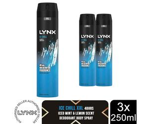 Lynx XXL Ice Chill Body Spray 250ml 3 Pack Mens Deodorant 48H Mint Lemon Scent