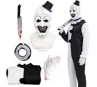 LYPPUL Art the Clown Costume, Terrifier Costume Halloween, Scary Killer Clown Joker Mask with Mask, Fake Bloody Knife, Gloves, Scary Clown Costume for Adult Men, Cosplay, Party, Fancy Dress (L)