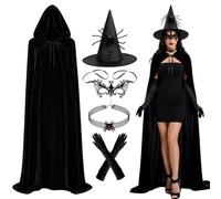 LYPPUL Pack of 5 Halloween Witch Costume Women, Halloween Costume Women, Witch Hat Witch Cape with Black Cape with Hood Lace Mask, Adult Witch Costume, Witch Costume Suitable for Role Play
