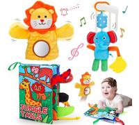 Lypsochaat 3-Piece Baby Sensory Toys - 0-3/0-6 Months - Cloth Book, Hanging Rattle, Baby Mirror - Tummy Time & Stroller/Car Seat Travel Essentials