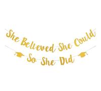 Lyqaq 2025 Graduation Banner - 'She Believed She Could So She Did' Glitter Letter Banner, Gold Inspirational Sign for Graduation Party Decor, Photo Booth Backdrop & Wall Hanging (Class of 2025)