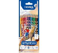 LYRA Groove Slim Wooden Colouring Pencils, 12 Pieces in Assorted Colours with Sharpener, For Children and Schools