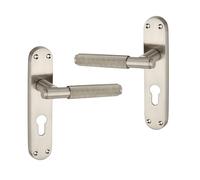 LYRA Modern Style Knurled Design Euro Lever Lock Door Handle on Backplate Set Satin Nickel 185mm x 40mm - Ideal for Internal & External Door Gates