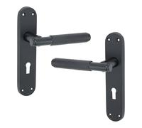 LYRA Modern Style Knurled Design Lever Lock Door Handle on Backplate Set 185mm x 40mm Matt Black Passage Pulls - for Internal & External Door