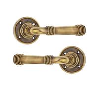 LYRA Pair of Aged Brass Vintage Beehive Lever Latch Door Handles on Sprung Rose, Solid Brass Reeded Design Passage Pull for Interior Exterior Doors