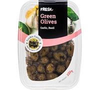 Lyrakis Family Green Olives with Garlic & Basil 200g - Greek Gourmet Olives, Handpicked, Natural Flavour, Ready to Eat, Since 1975