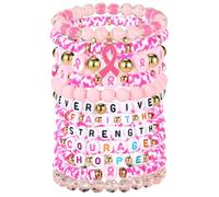 Lyreh 12pcs Breast Awareness Beaded Bracelets, 12 Style Stackable Boho Style Polymer Clay Pink Ribbon Breast Awareness Bracelets for Inspirational Gift Women Charity Social Welfare Event Supply