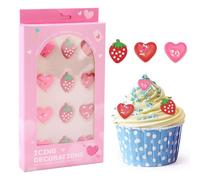 Lyreh 12pcs Edible Strawberry Decorations, Sugar Strawberry Heart Cupcake Toppers Icing Cake Decorations for Cupcake Shortcake Waffles Theme Party Supplies