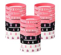 Lyreh 24pcs Breast Awareness Bracelets, 8 Style Stretchable Silicone Pink Ribbon Wristbands Hope Faith Strength Courage Inspiring Wristband for Women Charity Social Welfare Event Supply
