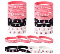 Lyreh 24pcs Breast Awareness Wristbands, 8 Style Elastic Silicone Pink Ribbon Bracelets with Hope Faith Strength Courage Inspiring Words for Women Charity Social Welfare Event Supply