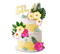 Lyreh 25pcs Hawaiian Tropical Cake Toppers, Summer Cake Topper Decorations with Flowers Leaves Balls Paper-Fan for Summertime Cupcake Decorations for Birthday Wedding Outdoor Theme Party