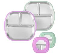 Lyreh 2pcs Stainless Steel Suction Plates for Toddlers, BPA-Free Square Toddler Divided Plates with Detachable Silicone Base for Baby Feeding Weaning Supplies Dishwasher Safe(Purple & Green)