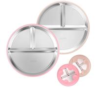 Lyreh 2pcs Toddler Divided Plates with Suction, 9.25in Diameter BPA-Free Stainless Steel Kids Baby Plate with Silicone Suction Base Microwave and Dishwasher Safe(Off-White & Pink)
