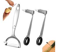 Lyreh 2pcs Vegetable Spiral Cutters & 1pcs V-Shaped Veggies Peeler Spiralizer Tool, Stainless Steel Manual Spiral Practical Kitchen Knife Set Accessories for Cucumber Potato Carrot Fruits (Silver)