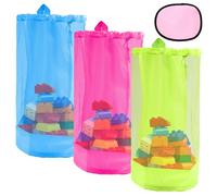 Lyreh 4pcs Mesh Drawstring Beach Bags Set, Include 3 Mesh Sand Toy Bags and 1 Sand Wipe-Off Mitt for Seaside Trip(Hot Pink, Blue, Fluorescent Green)